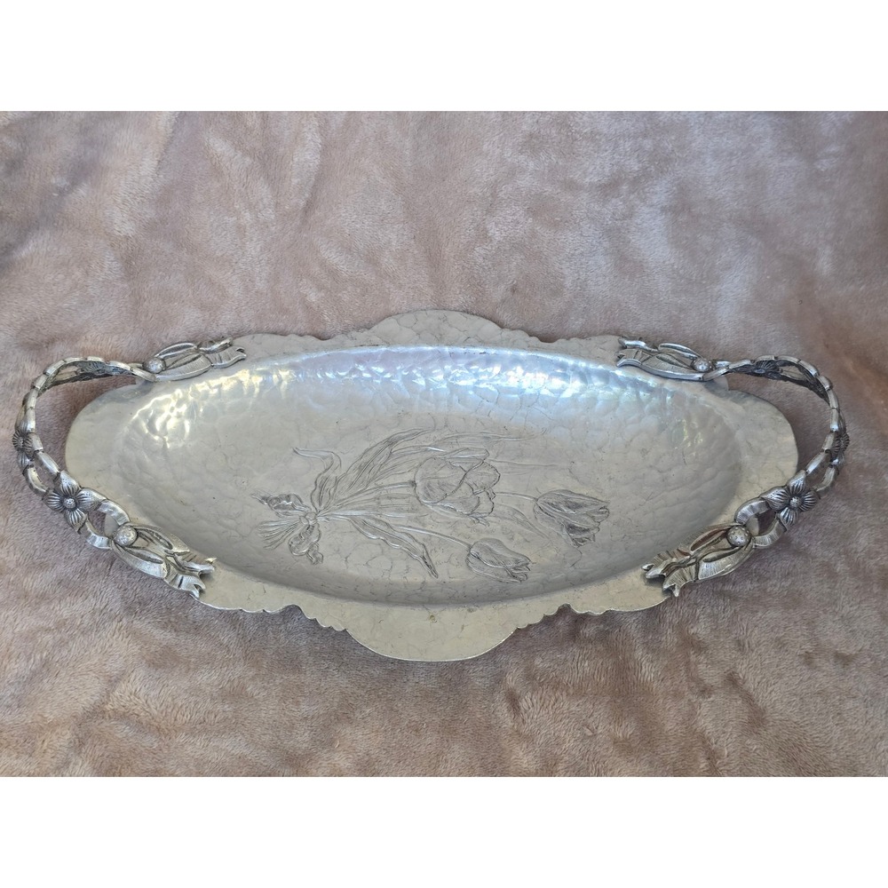 Rodney Kent Hand Wrought Aluminum Tray 404 Hammered Tulip Floral Serving Dish